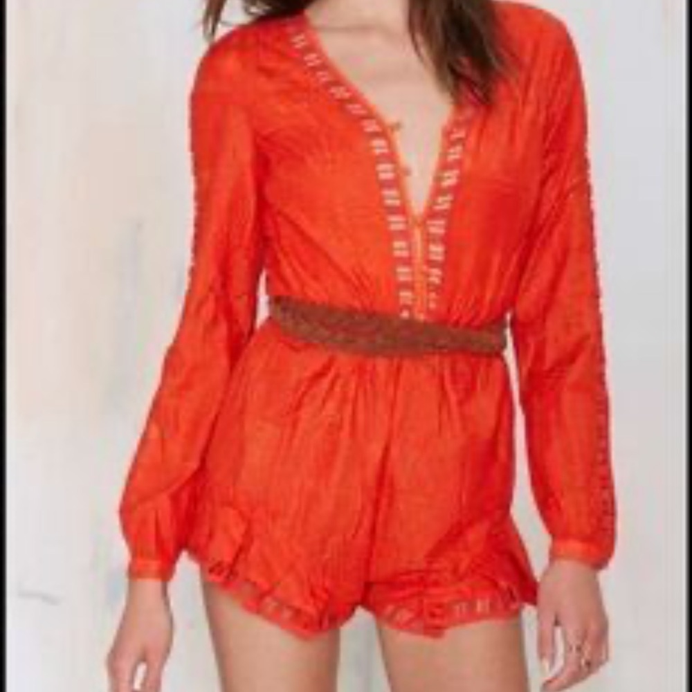 THE JET SET DIARIES Orange Front Button up Pleated Hem Long Sleeve Romper Size S